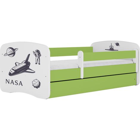 Lit enfant et junior 80 x 160 cm avec tiroir et barrière amovible, motif Espace, vert (1/4)