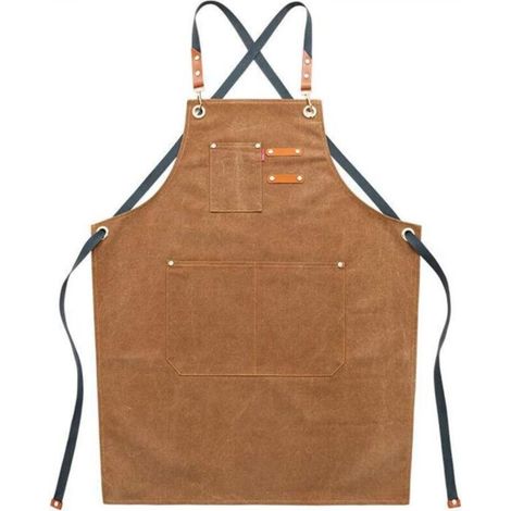 Men's canvas work apron with pockets, adjustable strap and large pockets, brown kitchen apron (1/3)
