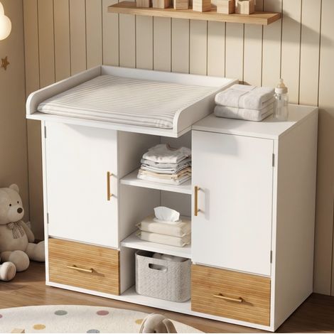Commode à langer naturel et blanc avec barrières amovibles, portes, étagères et 2 tiroirs, 114x53x92 cm (1/5)