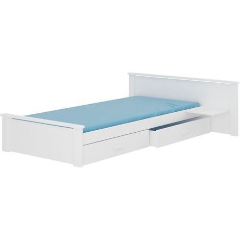 Lit bois pin blanc 90x200 avec 1 chevet et 2 tiroirs de rangement Lydia (1/4)