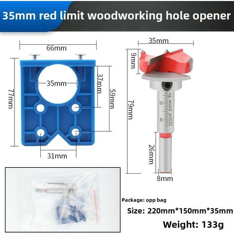 Outil de positionnement pour charnières 35mm – limite rouge – foret à ailettes carbure, réglable, pour meubles et travail du bois (1/5)