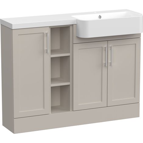 Pirehill Traditional Floor Standing Compact 3 Door Combination Vanity Unit with Shelves and Basin, Right Hand, 1100mm, Pebble Grey