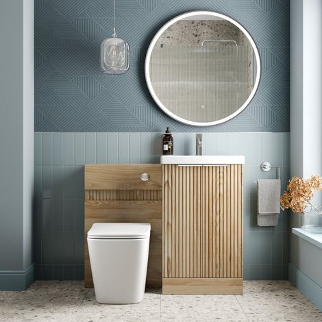1000mm Fluted Bathroom Vanity Unit Set and Provence Back-to-Wall Toilet Oak (1/4)