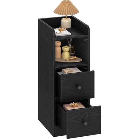 Table de Chevet, Tables d'Appoint étroite avec 2 Tiroirs, Table de Nuit avec Compartiment Ouvert, pour Espaces Étroits la Chambre à Coucher, Salon, Noir à Grain de Bois (1/5)