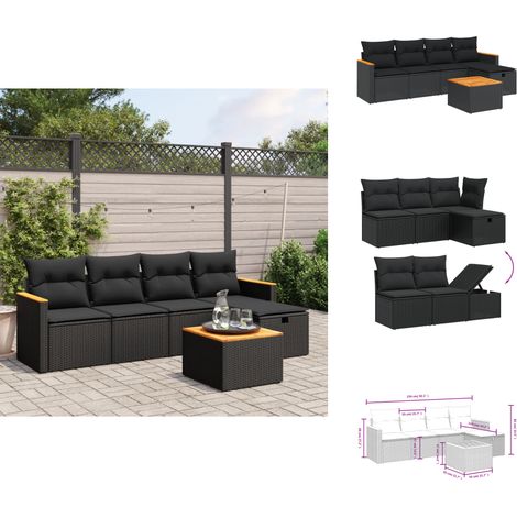 Salon de jardin 6 pcs avec coussins noir résine tressée - Salon De Jardin - Mobilier Extérieur - Set Salon - Résine Tressée - Rotin Synthétique (1/4)