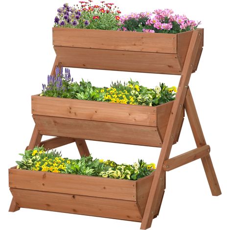 3 Tier Raised Garden Bed Wooden Elevated Planter Box Kit, 66L  Flower, Vegetable, Herb, 65x75x78cm, Brown (1/5)