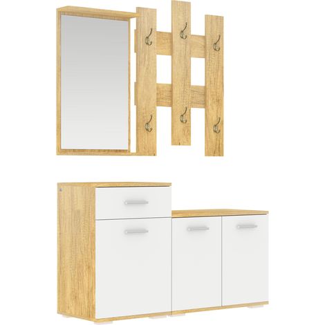 Ensemble d'entrée 3 en 1 avec porte-manteau mural, miroir et étagère à chaussures avec banc en bois (1/5)
