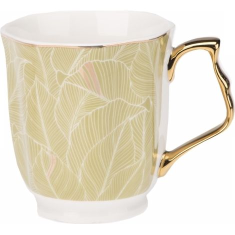 Taza de porcelana New Bone English TEA de 300 ml, color verde oliva claro con hojas, borde y asa dorados. (1/2)