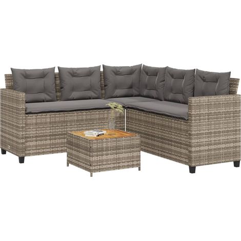 Gartensofa in L-Form mit Tisch und Kissen Grau Poly Rattan