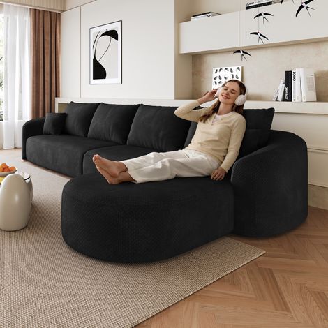 Canapé d'angle en L de 336 cm, canapé compressé en mousse, canapé modulable sans armature, canapé compressé pour salon, chambre, appartement, aucun montage requis, noir (1/4)