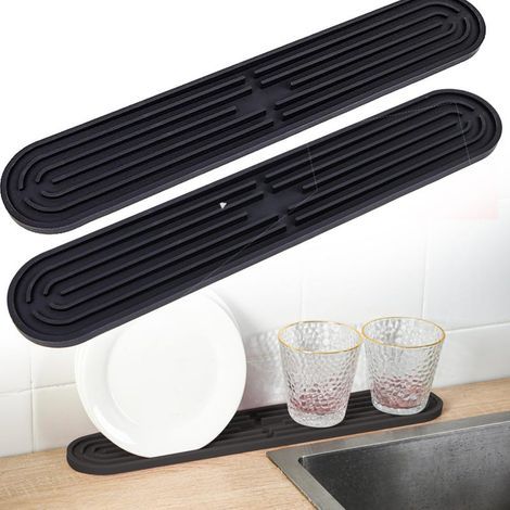 2-Piece Silicone Draining Mats, Bar Mats, Dishwasher-Safe Non-Slip Dish Drainer for Bottles and Glasses, Black (1/4)