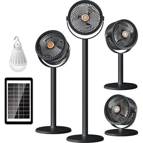 Ventilateur solaire portable avec panneau solaire et lampe LED, 5 vitesses, réglable 360°, 4 hauteurs,Noir (1/5)