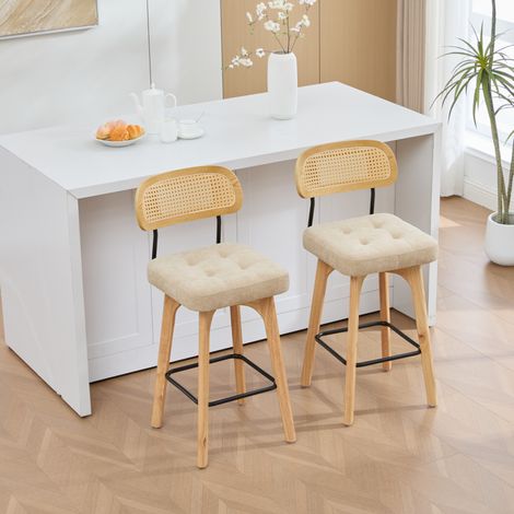 Juego de 2 taburetes de bar giratorios 360° 44x51x96 cm chenilla caqui ratán - CHICFURN (1/5)