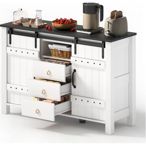 Buffet 120cm portes coulissantes 3 tiroirs bois blanc style champêtre (1/5)