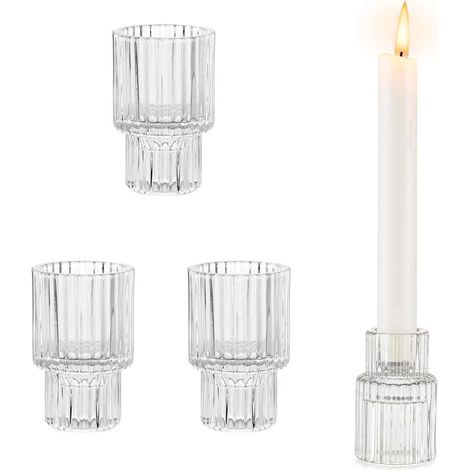 Bougeoir en Verre, 4 Pièces Photophore Bougie, Transparent à Double Usage Support Bougie, Rayures Verticales Bougeoir Transparent, pour Maison, Restaurant, Fête Mariage (1/5)