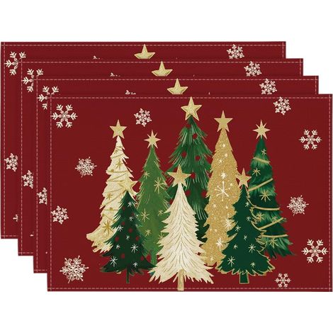 Set mit 4 winterlichen Platzsets mit Weihnachtsbaum- und Schneeflockenmotiv, 30 x 40 cm, rot, für Partydekorationen, Küche, Esszimmer