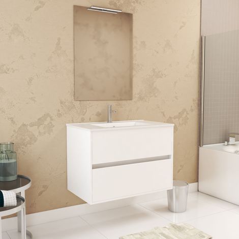 Set Mobile Bagno 80 cm Laccato Bianco 2 Cassetti, Lavabo, Specchio 60x80 e Applique Led - XENOS