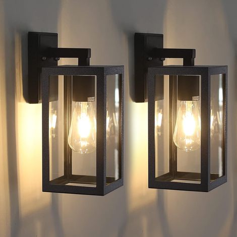 2pcs applique extérieure avec abat jour en verre transparent E27 ip44 imperméable à l'eau noir mat (1/4)