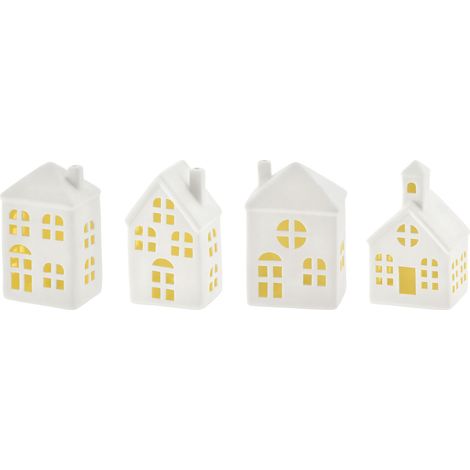 LED Keramik Haus weiß 11 cm - 4er Set - Deko Weihnachtsdorf mit Beleuchtung in warm weiß - Weihnachts Tisch Deko Aufsteller Winter Haus