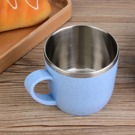 Gobelet isotherme en acier inoxydable avec paille de blé, pour eau, café, jus, lait (bleu) (1/5)