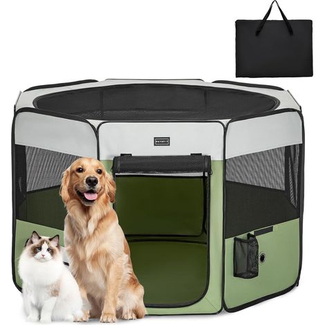 Foldable Pen for Small Animals, Dogs, Cats with Waterproof Bottom, Pop-up System, Anti-Chew Design, Grey/Green, 116 x 106 x 70 cm (1/5)