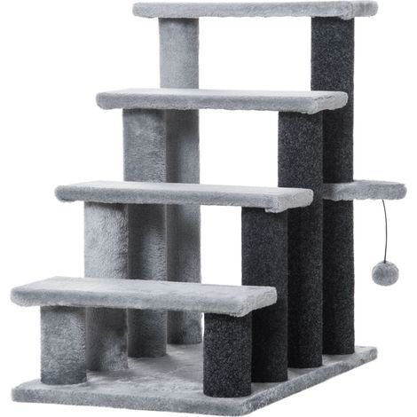 AMXCNOY Arbre à chat 64H cm pour chats âgés, 4 marches avec balle de jeu et plateforme en jute et peluche, Gris (1/5)