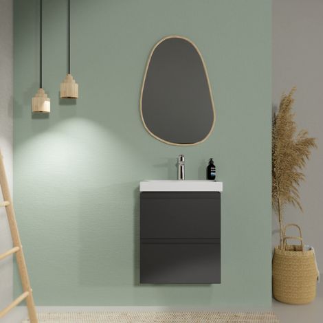 Cersanit – Meuble suspendu avec lavabo 57x50 cm – 2 tiroirs – Installation murale – Finition anthracite – Lavabo céramique avec trop-plein (1/4)