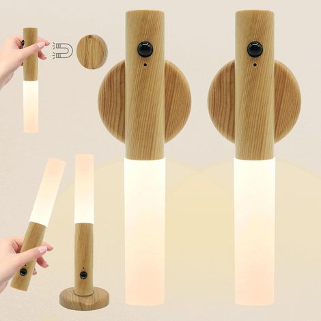 2 Pack Lumiere Murale Sans Fil Magnetique, Veilleuses Magnétiques à Détecteur de Mouvement, Veilleuse LED Rechargeable Murale USB, Applique Murale en Bois, pour Chambre à Coucher, Couloir, Escalier [C