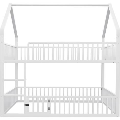 Lit superposé enfant 140x200 cm, lit double métallique, lit familial, escalier, design mezzanine, lit inférieur avec petite porte, blanc, matelas non inclus (1/5)