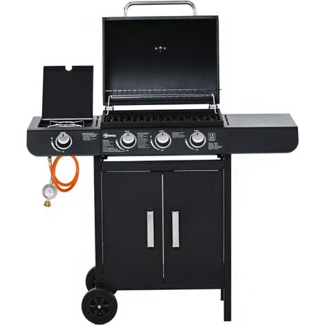 Chariot barbecue à gaz avec 3 brûleurs et 1 brûleur latéral, régulateur de pression et tuyaux, multifonctionnel, acier noir 110 x 50 x 100 cm (1/5)