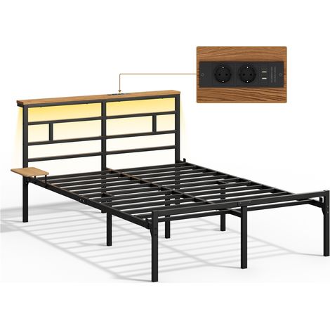 Yaheetech Letto 140 × 200 cm in Metallo, Letto Matrimoniale con Illuminazione a LED e Stazione di Ricarica, Struttura Letto con Testiera in Legno e Rack Laterale, Facile da Montare