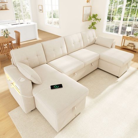 Canapé d'angle convertible 4 places 273x131x83 cm en chenille avec 2 méridiennes coffre, rangement, LED, USB Type-C - Beige (1/5)