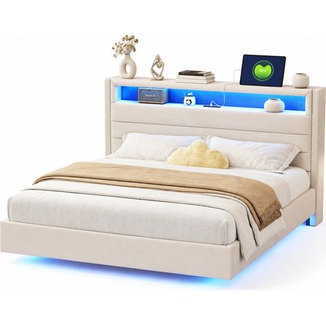 Lit double 140x200 cm en tissu beige avec USB, LED multicolores, tête de lit réversible, pieds invisibles et rangement intégré, pour chambre adulte  CHICFURN (1/5)