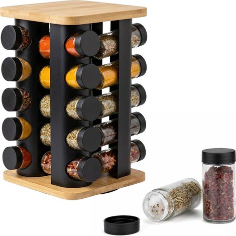 Relaxdays Spice Carousel, 20 jars, 360° rotating rack, HWD 32x18.5x18.5cm, bamboo, stainless steel, natural/black (1/5)