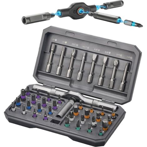 Jeu de Tournevis à Cliquet 42 en 1 Magnétique - Kit Tournevis de Précision avec Embouts Colorés et Poignée en T Ergonomique - Outil de Réparation pour Meubles, Vélo, électronique et Bricolage Maison (1/5)