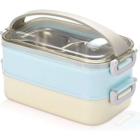 2 Layers Stainless Steel Lunch Box Portable Thermal Bento Boxes Insulated Lunch Box Food Storage Containers for School Office 1.6L Blue