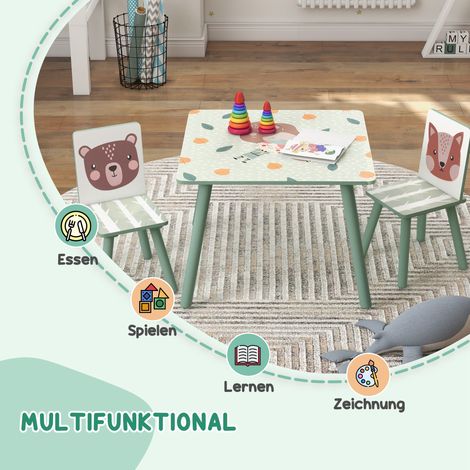 Ensemble de salon enfant 3-8 ans, table + 2 chaises vertes, motif animaux mignon