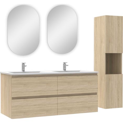 Ocean ensemble meubles double vasque 120cm,colonne + miroir ovale Chêne Wotan (1/4)