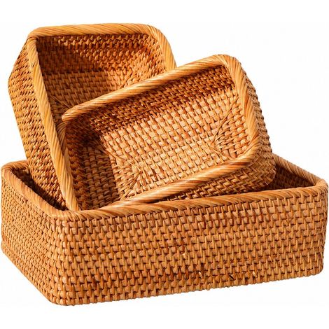 Panier de rangement rectangulaire en rotin tressé à la main, idéal pour les fruits, le thé, les en-cas et le pain. Organisateur de cuisine et d'intérieur. (1/5)