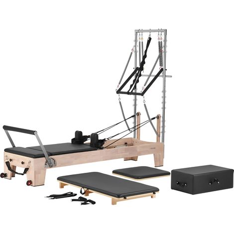 VEVOR Reformer Pilates en Bois, Machine de Pilates Charge 181,44 kg, Equipement deEntrainement avec Double Resistance, Boite et Planche de Saut, pour Avances et Debutants, Domicile Studio de Yoga