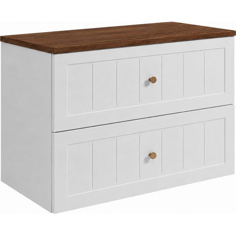 Meuble de salle de bain suspendu 80 cm à tiroirs, coloris blanc + plan de travail chêne noyer, 80 x 46 x 58,6 cm (1/5)