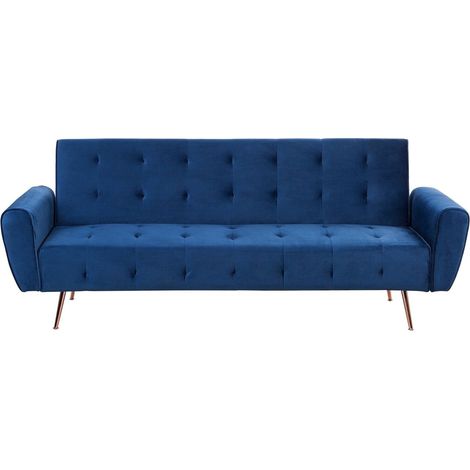 Sofá cama moderno de terciopelo convertible con capitoné bolsillo lateral patas de metal cobre azul Selnes (1/5)