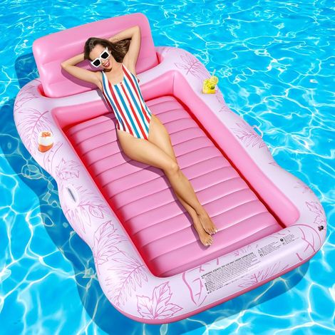 Matelas Gonflable Piscine, Gonflable Tanning Pool Flotteur de Piscine pour Adultes pour Bain de Soleil, Piscine Gonflable Hamac avec Porte-gobelet, Piscine Bronzage pour Adultes (Rose) (1/5)