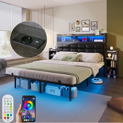 Cama doble LED flotante con cabecero y carga USB-C gris HAVRYA (1/5)