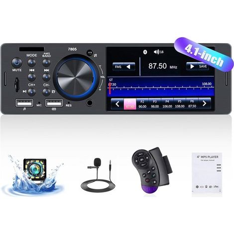 Autoradio DIN avec kit mains libres Bluetooth, écran 4,1 pouces, radio FM, FLAC, double port USB/clé USB/AUX/lecteur TF, commandes au volant, caméra de recul et microphone. (1/4)