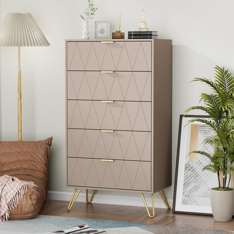 UEV Cassettiera a 5 Cassetti con Motivo a Linea, Cassettiera Stretta Salvaspazio da Portaoggetti, Settimino per Soggiorno Corridoio, Comò con Maniglie e Gambe Dorate, 60x34x110cm, Beige Moca