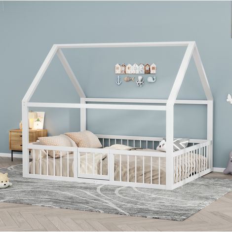 MEUBLIV Lit 140x200 cm blanc – avec barrières et toit décoratif, sans matelas (1/5)