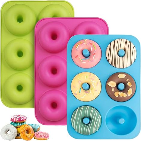 Molde de silicona para donuts de 3 piezas con 6 cavidades, antiadherente, libre de BPA, resistente al calor para hacer pasteles y donuts (azul, verde claro, rosa)