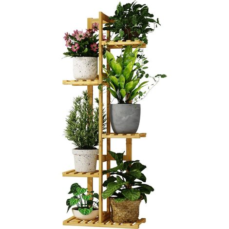 Support pour plantes d'intérieur en bambou à 5 niveaux, petit support de fleurs étages pour fenêtre, jardin, balcon, décoration intérieure, salon, chambre (1/5)
