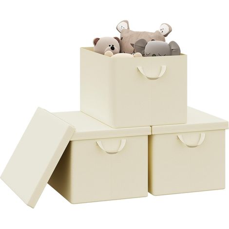 Lot de 3 Boîte de Rangement WOLTU, 48x36x30 cm, avec Couvercle, Coffre de Rangement en Tissu non Tissé, Pliable, Crème